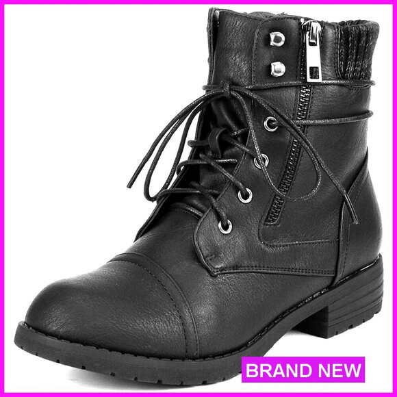 Women's Lace-Up Combat Boots Ankle Booties Low Heel Knit Cuff Chic